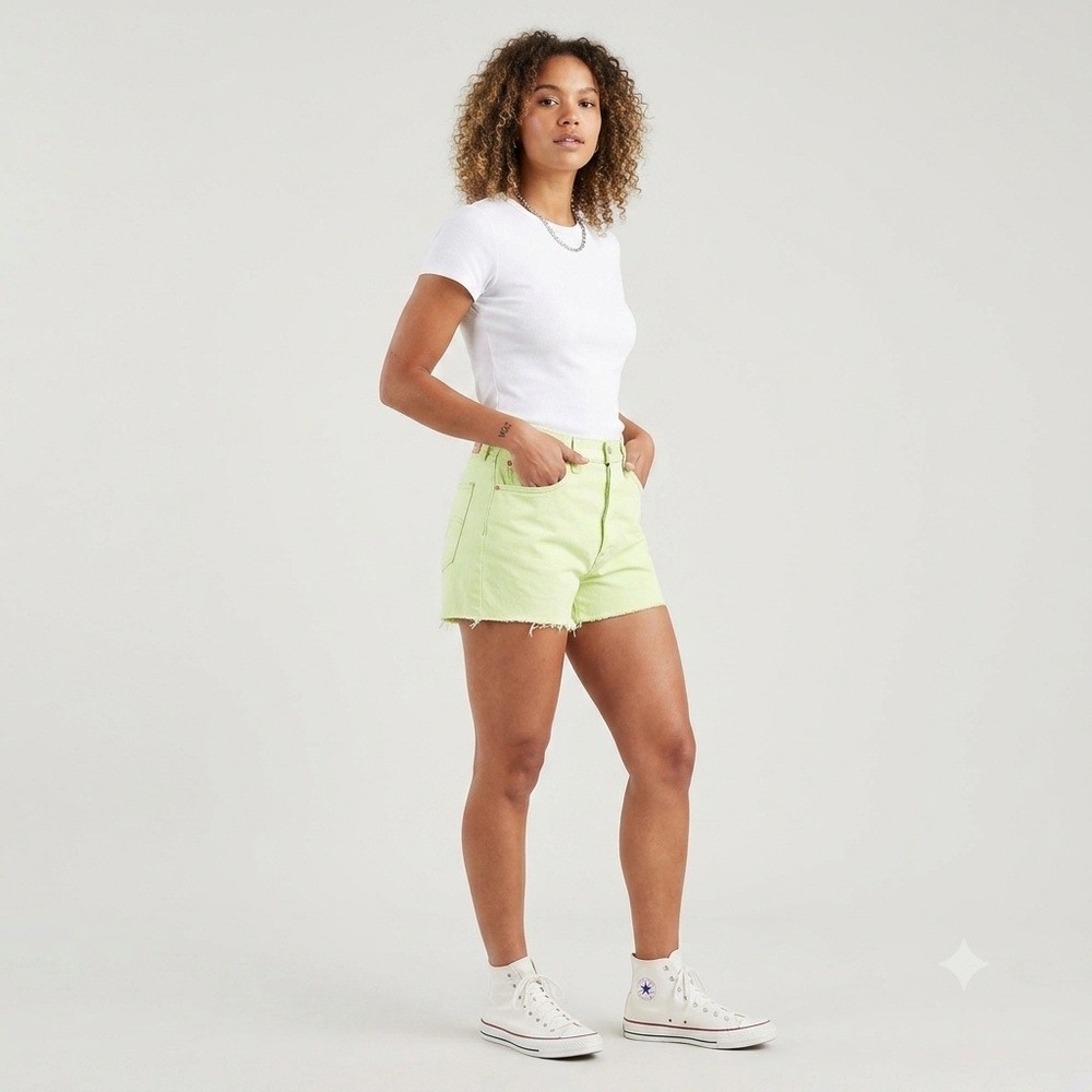 Levi's 501 Original Shorts Women W32 Lime Green High Rise Raw Hem Denim